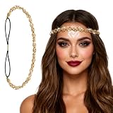Tweruna Elastic Metal Headband, Gold Elastic Rhinestone Hairbands for Women, Sparkly Metal Braided Headpiece, Vintage Bridal Wedding Headpiece Hair Accessories for Women