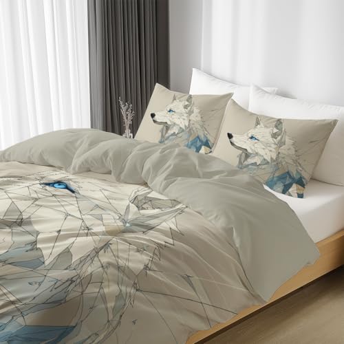 Housse de couette 240x260 beige loup blanc avec 2 taies d'oreiller