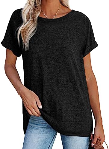 Black T Shirts For Women Short Sleeve Basic Tees Soft Summer Rolled Short Sleeve Tops Loose Fit Casual L