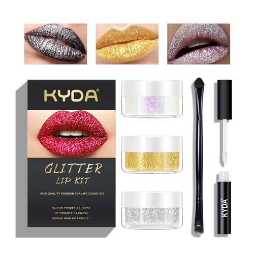 kyda 3 colors glitter lip kit diamond metllic high pigmented powder for lips cosmetics glitter lips makeupwith lip primer and brush long wear-set d