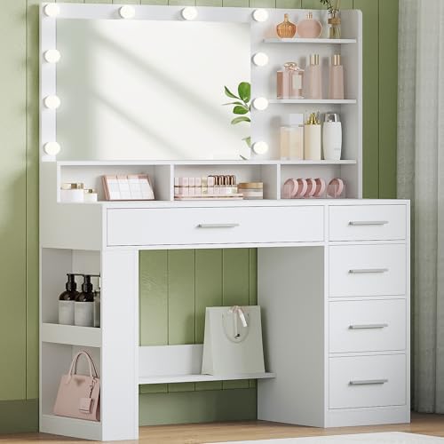 Hzuaneri 108 cm Tocador con Espejo HD Grande, tocador de Maquillaje con luz LED, 6 Compartimentos Abiertos, 5 cajones y Espacio de Almacenamiento Lateral, Blanco DT42603XEU