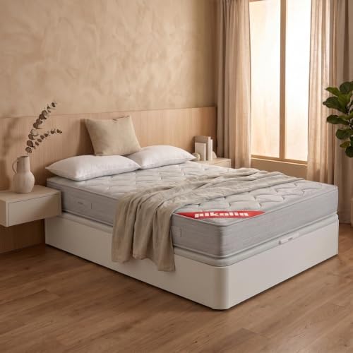 PIKOLIN Pack Colchón Viscoelástico de Muelles 140x190 + Canapé Base Abatible Blanco y Dos Almohadas de Fibra | Incluye Subida a Domicilio, Montaje y Retirada de Usado