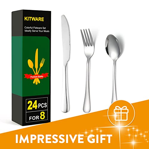 Forks Spoons Knives Set, Kitware Travel Silverware, 24-Piece Stainless Steel Cutlery Set For 8, Lunchbox Flatware, Mirror Polished, Outdoor Camping Picnic Eating Utensils Set, Dishwasher Safe #TOP6