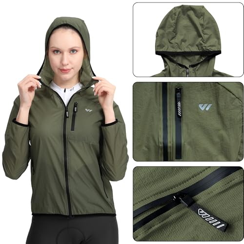 Wulibike Jaqueta corta-vento feminina, leve, com capuz refletivo, embalável, para ciclismo, caminhad