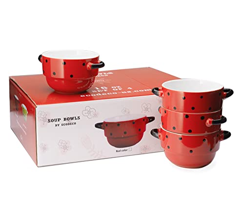 Ecodeco Soup Bowls With Handles - Ceramic - Polka Dot Red - 16 Ounce - Set Of 4 - French Onion Soup Crocks For Oven Baking #TOP5