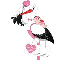 Klapperstorch Baby Rosa,Klapperstorch zur Geburt Draußen,Storch Geburt für Draussen Mädchen,Großer Storch aus Holz,Beidseitig bedruckt,Geburtsstorch inkl Holzstab+ Namensschild Grußkarte