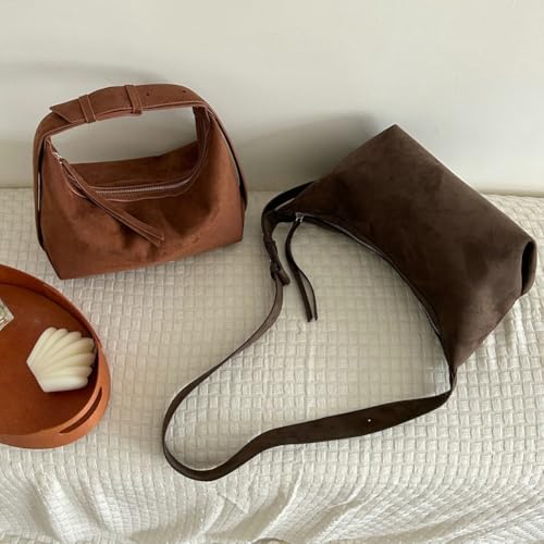 Suede Handbags Retro Shoulder Bag for Women Crescent Crossbody Satchels Bag Work Travel Tote Bags Winter Brown Purse3