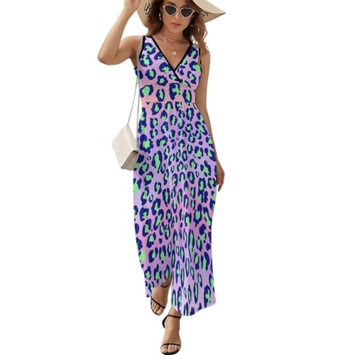 Robe longue d'été léopard violet col V sans manches style bohème chic