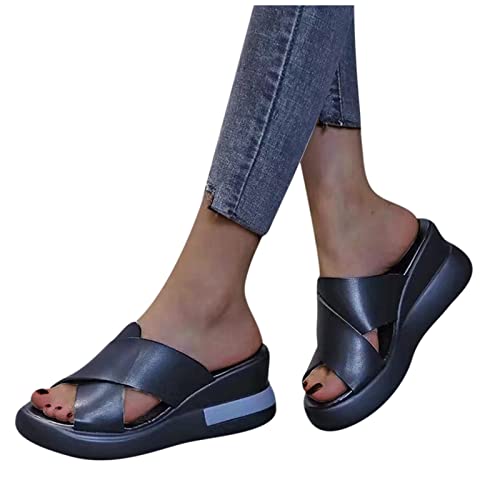 Women's Faux Leather Wedge Slipper Cross Thick Strappy Platform Sandal Summer Spring Casual Slide Slip on Sandals4