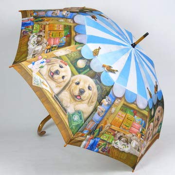 Premium Umbrella by Henry Cats and Friends A Fun Shop Day - Dog Lovers- Windproof Extra Strong Umbrella, Walking Stick Umbrella 40inch Diameter, Luxury Solid Wood Hook Handle Large Umbrella
