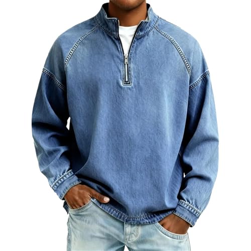 Image of Quarter Zip Pullover Men 2026 Vintage Washed Distressed Denim Sweatshirt Casual Stand Collar Long Sleeve Polo Shirts Clothes Loose Fit Golf Tops Faux Jean Shirt, A01-Blue, L