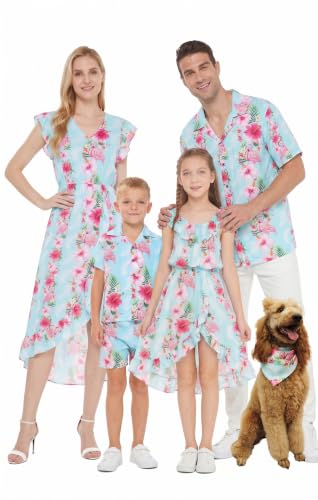 Image of Hawaii Hangover Family Matching Clothes, Pink Hibiscus Vine Turquoise | Family matching Hawaiian outfits, Pink Hibiscus Vine Turquoise, lightweight rayon, machine washable, tropical floral print