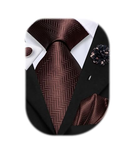 Image of Hi-Tie Men Silk Ties Set with Flower Lapel Pin Necktie Pocket Square Cufflinks for Tuxedo Wedding Business