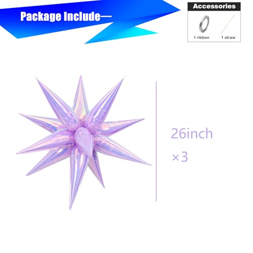 Image of 3pcs 26inch 3D iridescent macaron purple Explosion Star foil balloon, colorful macaron purple Foil Cone Star burst Balloons for Birthday Wedding New Year Party Event