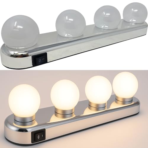 HTUK Luz de maquilhagem profissional portátil para estúdio, sem fio, super brilhante, 4 lâmpadas LED, funciona a pilhas, com ventosas para espelho de toucador, cor prateada (luz LED de estúdio