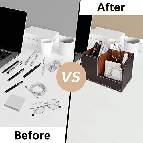 Shaidojio Desk Organizers, Pen Pencil Holder For Desk, Brown Pu Leather Desk Accessories With 1Pcs Coaster, Multi-Functional Storage Box With Stationery Remote Control Holder, School Office Supplies #TOP5