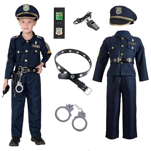 Polizei Kostüm Kinder Marine Jungen 7 Stück Polizeikostüm Set mit Hemd Hose Gürtel Polizeimütze Handschellen Trillerpfeife...