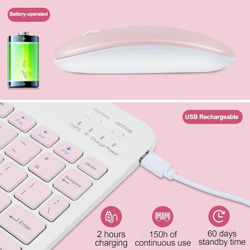Image of Thanice Bluetooth Keyboard and Mouse Combo Ultra-Slim Portable Rechargeable Compact Wireless Mouse Keyboard Set for Pad /iPad Pro /iPad Mini /iPad Air Mac OS,Android Windows iOS and Above(Pink)
