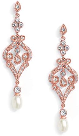 Vintage Cubic Zirconia and Rose Gold Bridal Earrings with Genuine Freshwater Pearl Drops