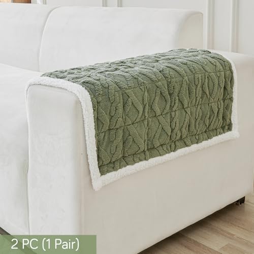 Image of HOKIPO 'Italian Caelora' Luxury Jacquard Plush Anti-Slip Sofa Armrest Covers | 1 Pair - Sage Green (AR-5953-GRN*2)