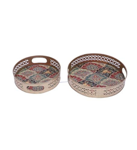 Image of Two Moustaches Traditional Design Metal Round Serving Trays Set (8 Inches & 10 Inches), Serving Plates for Home, Platters for Tea /Coffee /Fruits /Snacks, Decorative Pichwai Tray, Golden, Pack of 2