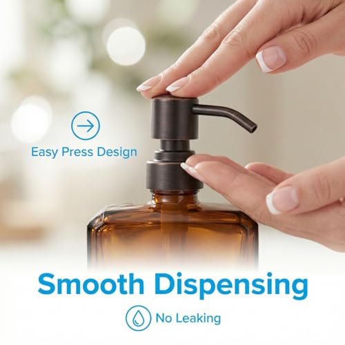Image of Amber Soap Dispenser Square Bottle and Oil Rubbed Bronze Pump, Glass Dish Soap Dispenser with Stainless Steel Pump, 13.5 oz Lotion Dispenser for Bathroom, Kitchen Countertop