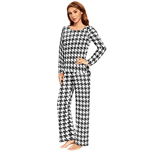 Ammao Classic Houndstooth Women's Pajama Set, Long Sleeve Sleepwear Casual Ladies Soft Comfortable Lounge Set Xl #TOP4