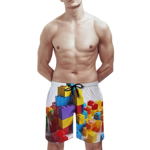 Colorful Building Blocks Men's Swim Trunks with Mesh Lining, Lightweight Swim Shorts Quick-Dry Beach Shorts with Pockets2