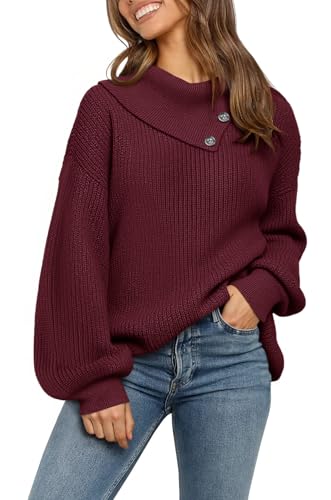 Fisoew Damen Pullover Oversized Rollkragen Strickpullover mit Knöpf Lose Fledermausärmel Pulli Casual Winter Sweater