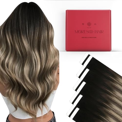 Image of Moresoo Black Brown Tape in Human Hair Extensions 18in 10Pcs 25g | Tape extensions human hair, dark-to-light color melt, low-profile tabs, shoulder-length layers and weekend styling use