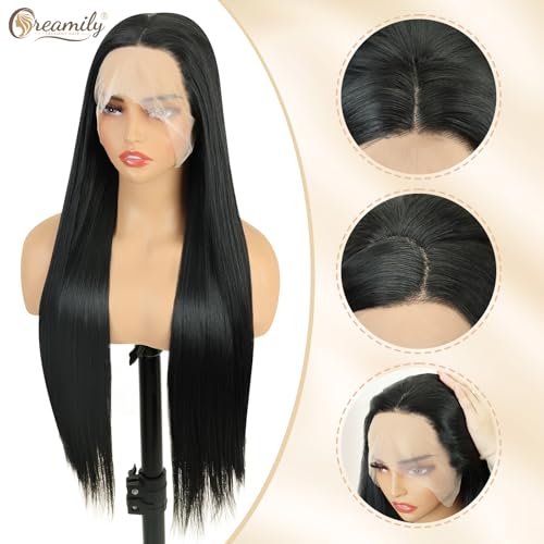 Image of Creamily 30 inch Synthetic Lace Front Wig Black Straight 13x3 HD Lace Front Wigs Long Straight Glueless Pre Plucked Heat Resistant Fiber Hair Wig Natural for Daily Party (Black, 30 inches)