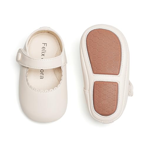 Felix & Flora Soft Sole Beige Baby Dress Mary Jane Flats - Infant Baby Walking Shoes Moccasins Rubber Sole Crib Shoes(Beige 12-18Months Infant)