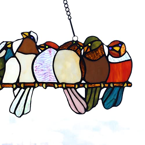 Bieye W10002 Tropical Birds Tiffany Style Stained Glass Window Panel Hangings With Chain, 19" W X 11.4" H #TOP1