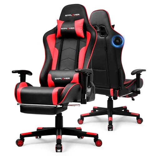 GTPLAYER Gaming Chair with Bluetooth Speakers and Footrest, Ergonomic Gamer Chair with Reclining Backrest, 3D Armrests, Adjustable Seat Height, Computer Desk Chair for Adults (Red)
