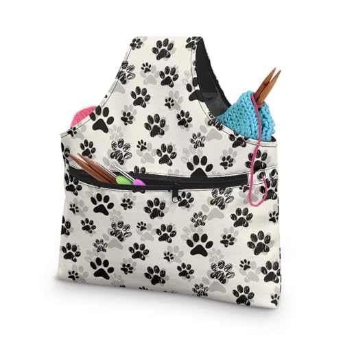 Image of KUIFORTI Knitting Yarn Bag Paw Print Knitting Bag Crochet Bag Organizer, Drawstring Yarn Project Bag, Yarn Tote for Crocheting Project, Store Skein Ball, Needles Accessories Large Size