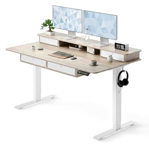 CubiCubi 55" x 30" Standing Electric Desk with Drawers, Light Rustic Brown