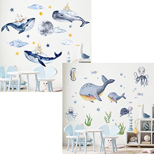 Mfault Under The Sea Whales Wall Decal Stickers, Moon Stars Cloud Castle Ship Nursery Decorations Baby Boy Girl Bedroom Art, Neutral Marine Animal Toddler Kids Baby Boys Girls Room Decor Gift #TOP18