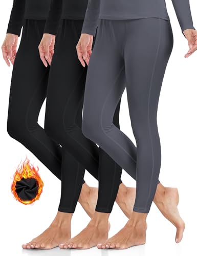 ZUTY 3 Pack Thermal Long Johns Fleece Lined Leggings for Women Underwear Tights Warm Winter Base Layer Pants Black-Black-Grey L