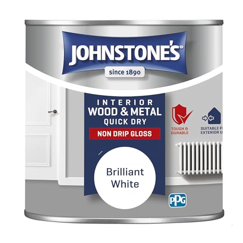 Johnstones - Quick Dry & Non Drip Gloss Paint for Wood & Metal - Brilliant White | Interior & Exterior | Low Odour Water-Based Formula Dry in 1-2 Hours | 10m2 Coverage per Litre | 250ml