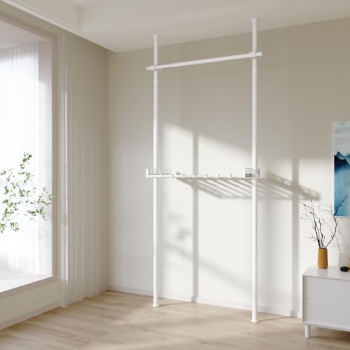 突っ張り ハンガーラック 頑丈な伸縮式衣類ハンガー、DIY 衣類ハンガー、高さ調節可能 110-300 cm、内蔵スプリングデザイン、寝室、寮、更衣室に適し、工具なしで一人で設置可能 (白, 縦2、横1 ズボンラック1)
