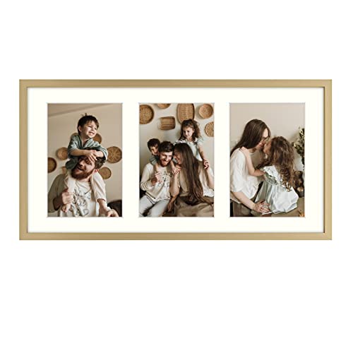 Golden State Art, 7X14 Metal Frame For Three 4X6 Picture - Gold Aluminum, 3-Opening Ivory Mat Color - Portrait Or Landscape Wall Mounting - Sturdy And Easy To Install - Real Glass Front (Gold) #TOP2