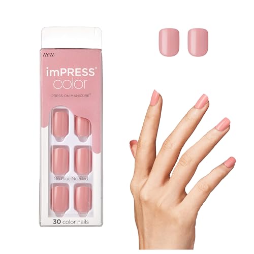 KISS imPRESS Lot de 30 faux ongles à presser sans colle, rose, taille courte, forme carrée, comprend 30 ongles, tampon de préparation, feuille d'instructions (français non garanti), 1 bâton de
