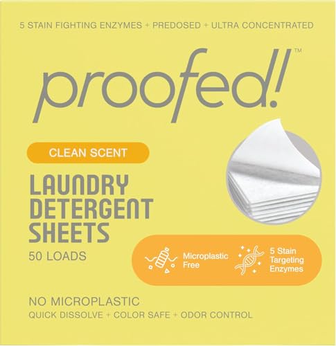 Proofed! Laundry Detergent Sheets, The Only 100% Plastic-Free Sheet, No PVA or PVOH, Hypoallergenic, Bio-Based Ingredients, Made in USA, Clean Scent, 1 Box, 50 Count