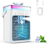 Portatif Air Conditionneur, 3-in-1 Évaporatif Air Refroidissement avec 3 Régimes & 2 Modes d'arrêt, 1000ml Personnel Mini AC Unité USB Petit ventilateur de refroidissement RGB Lumière de nuit & Heureur pour chambre à coucher voiture de bureau (bleu)