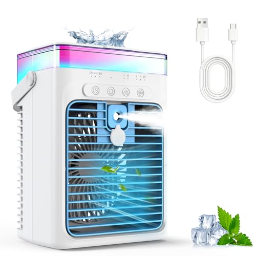 Portable Air Conditioner, 3-in-1 Evaporative Air Cooler with 3 Speeds & 2 Mist Modes, 1000ml Personal Mini AC Unit, USB Powered Small Cooler with RGB Light & Timer for Bedroom Office Desk Car by Tiptop Home - Used condition - US$23.74