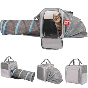Portable Cat Travel Carrier – Collapsible Cat Carrier with Litter Box, Large Pet Carrier for Car Travel with Mesh Tunnel, Up to 25 lbs for Travel Hiking Camping Outdoor (Grey)