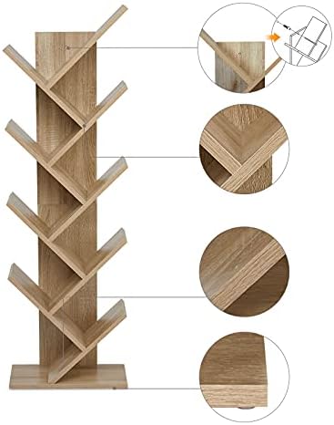 Meerveil Bookcase, Tree Bookshelf 8 Tier Floor Standing Wooden Shelves for CDs Magazine in Living Room Home Office Oak, 40 * 20 * 127cm