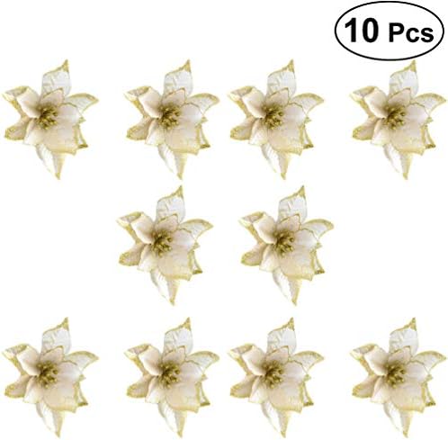 10pcs 13cm Glitter Artificial Wedding Christmas Flowers XMAS Tree Wreaths Decor Ornament (Gold) Unisex