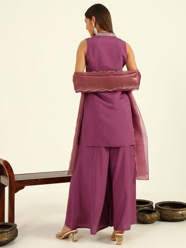 Image of FIORRA Women's Lavender Viscose Chanderi Straight Kurta with Palazzo and Dupatta