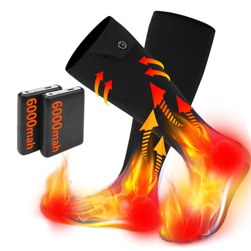 Electric Heated Socks for Men Women with 6000mah Battery 360° Toe Heating Electric Socks with 4 Levels Heat Settings Suitable for Outdoor Skiing, Winter Camping, Hiking